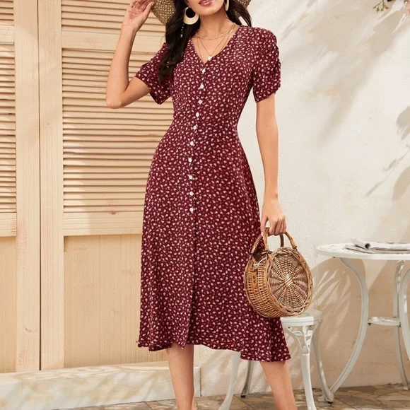 Boho Burgundy floral print button up v neck Puff Sleeve dress - Picture 7 of 14